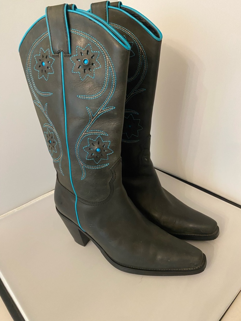 Franco Sarto “Tulsa”Black Western Knee High Boot with Turquoise Accents, size 6
